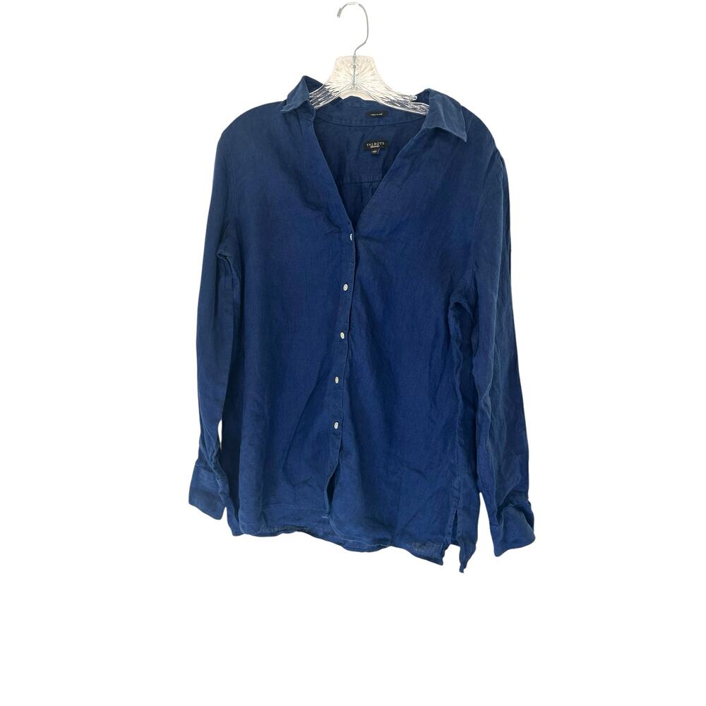 Talbots Plus Navy‎ Blue Lagenlook Relaxed Button Up Long Sleeve Linen Blouse 16
